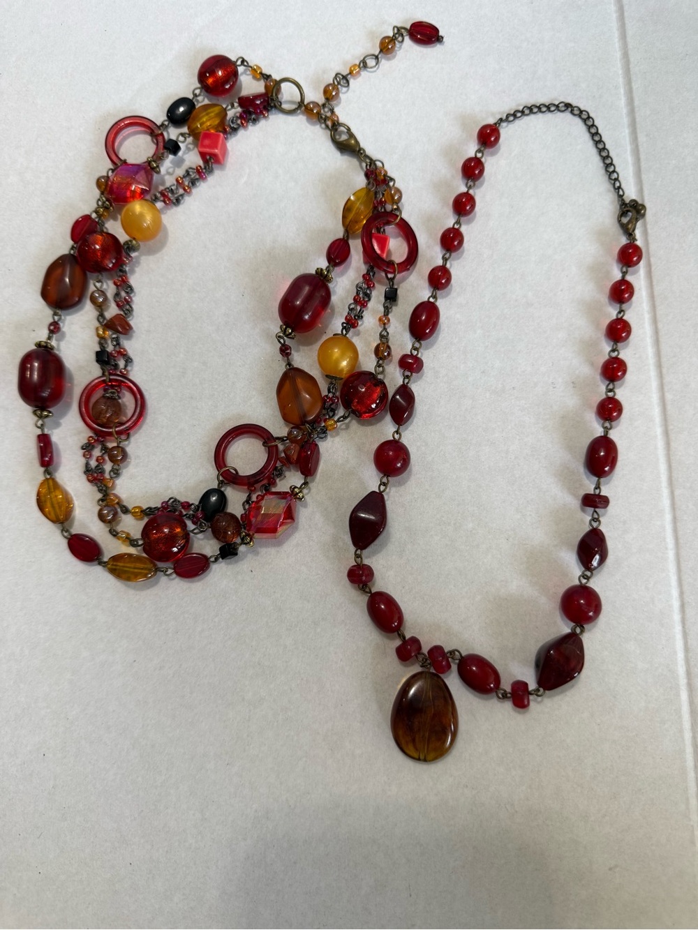 Set of 2- 18” Women's Red and Amber Beaded Multi-Strand Necklace Set